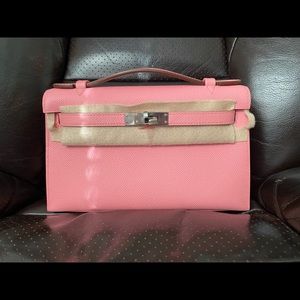 H*rems Kelly Pochette Rose Confetti Epsom Leather SHW